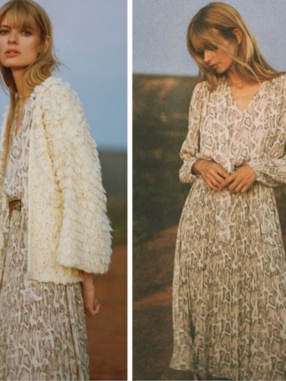 Current Air Cream and Taupe Snake-Print Midi Dress